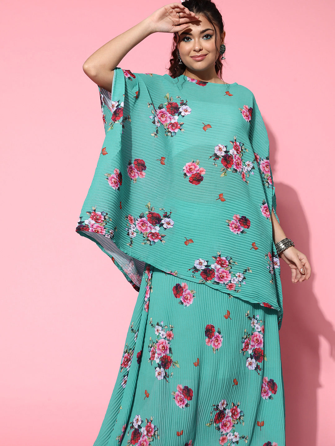 Blue Floral Print Pleated Kaftan Top