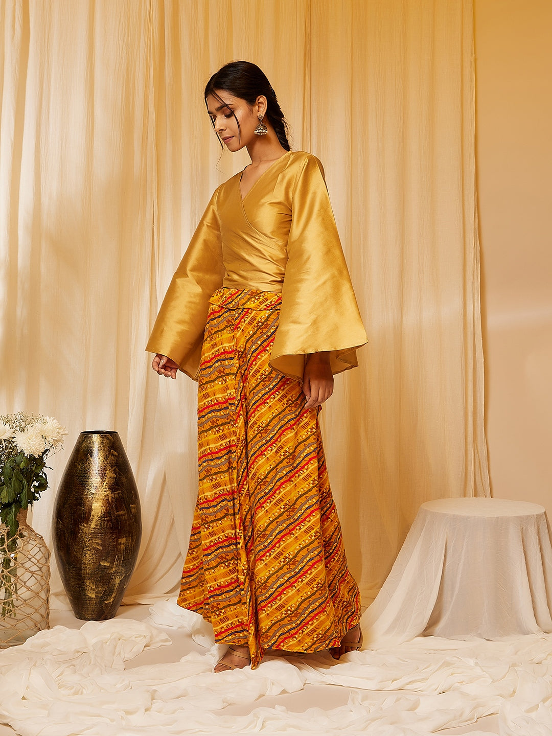 Gold Top With Mustard Lehariya Skirt