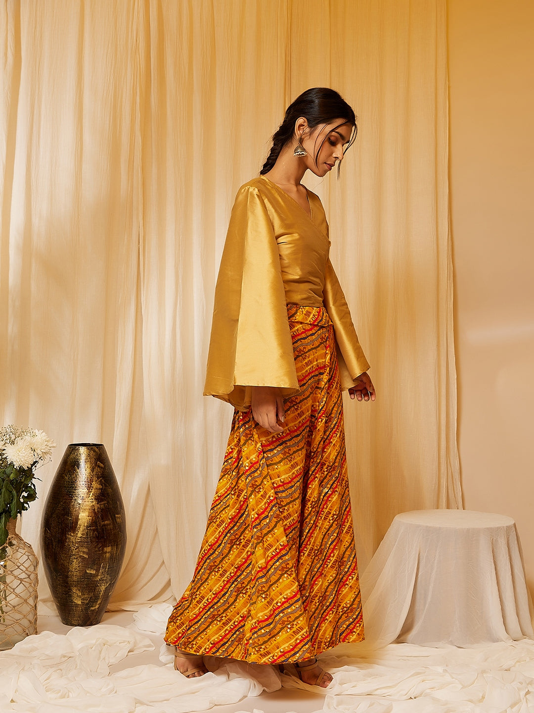 Gold Top With Mustard Lehariya Skirt