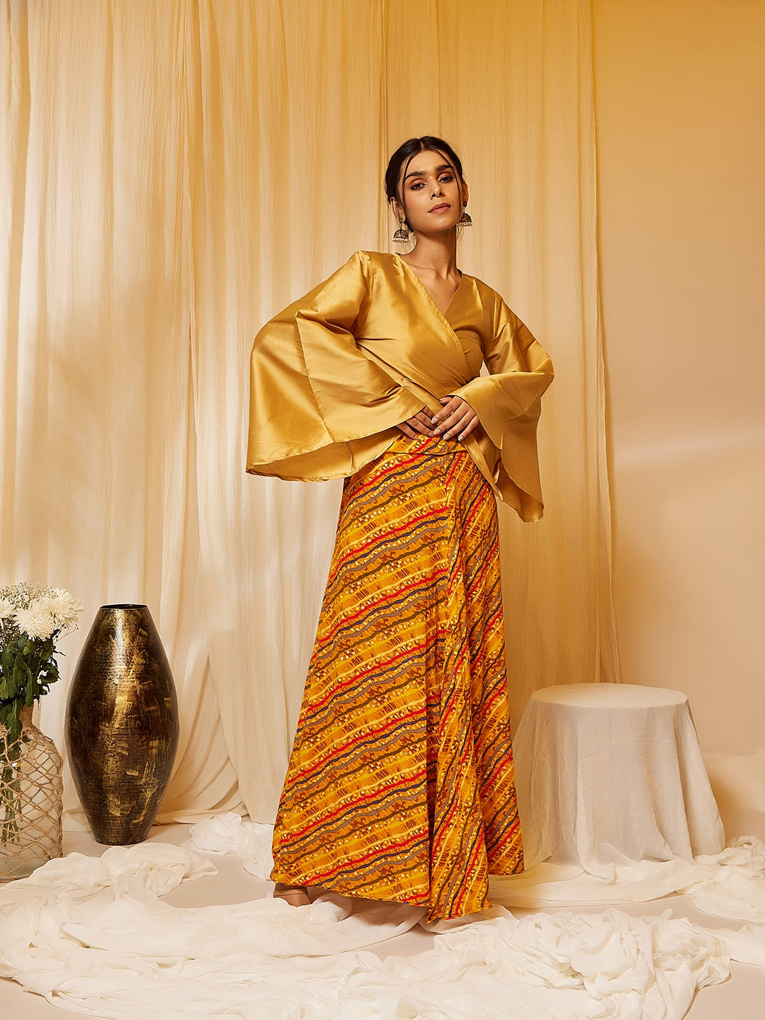 Gold Top With Mustard Lehariya Skirt