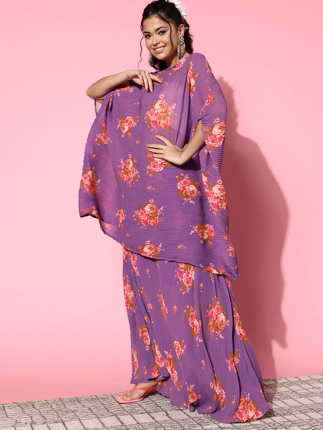 Purple Floral Print Pleated Kaftan Top