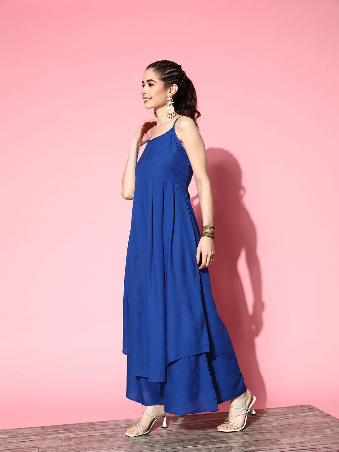 INK BLUE STRAPPY KURTA SET WITH TEAL ORGANZA CAPE