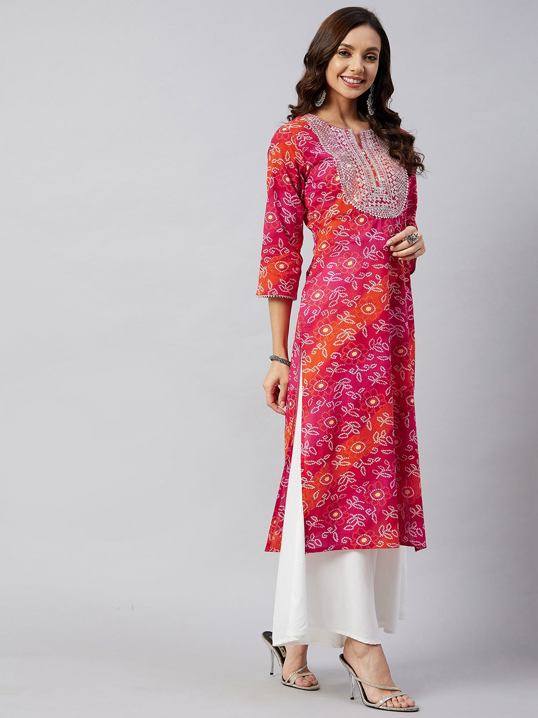 Pink Orange Shaded Work Straight Kurta