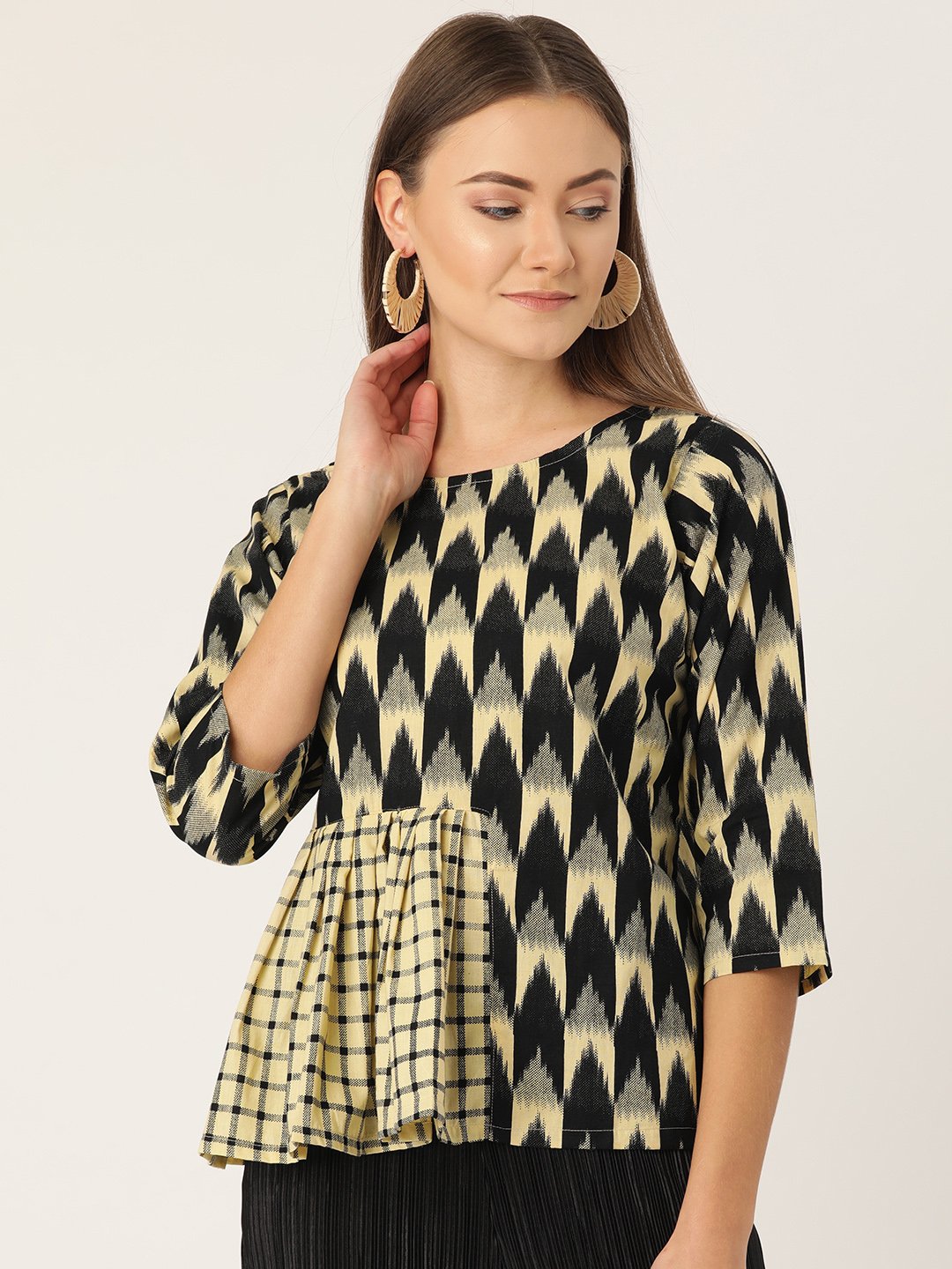 Black Ikkat Print Frill Top