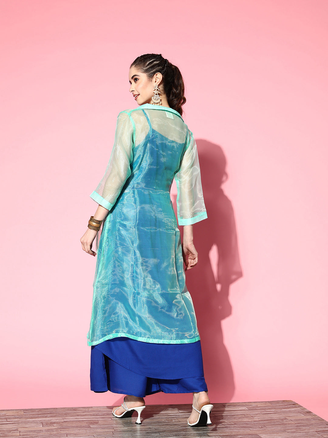 INK BLUE STRAPPY KURTA SET WITH TEAL ORGANZA CAPE