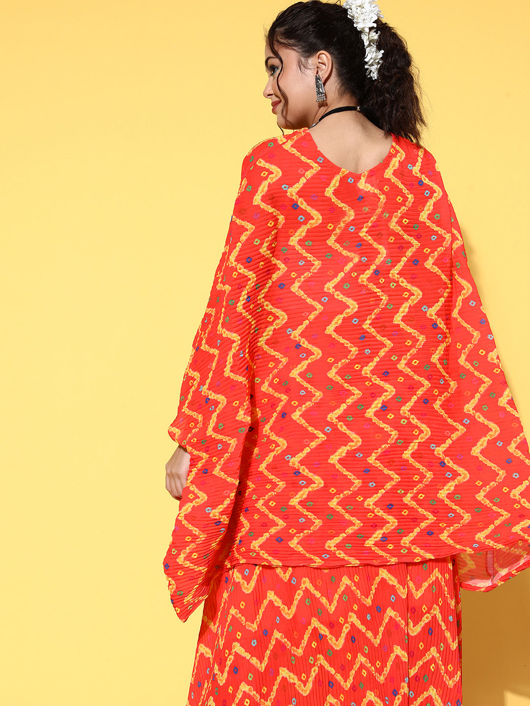 Orange Bandhej Pleated Kaftan Top