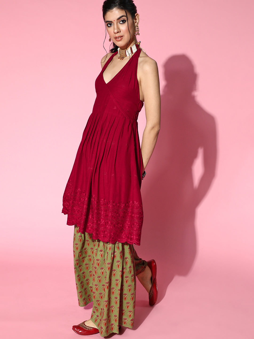 Maroon Backless Kurta With Green Sharara Set