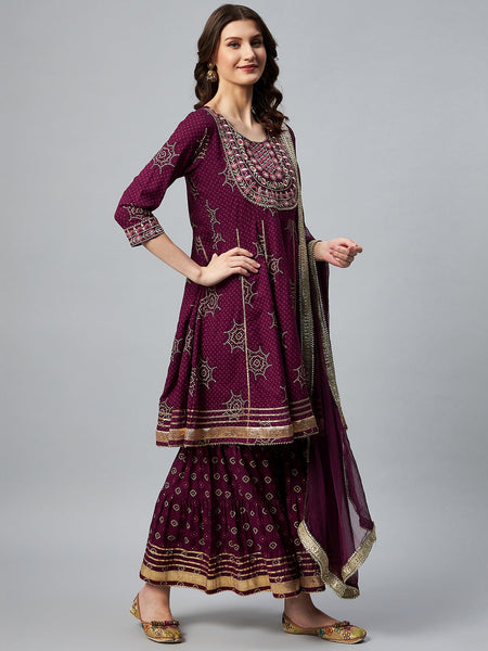 Wine Gota Mirror Sharara Set - InWeave