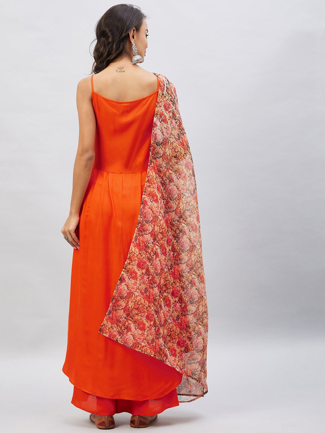 Orange Strappy Set With Beige Orange Floral Organza Dupatta